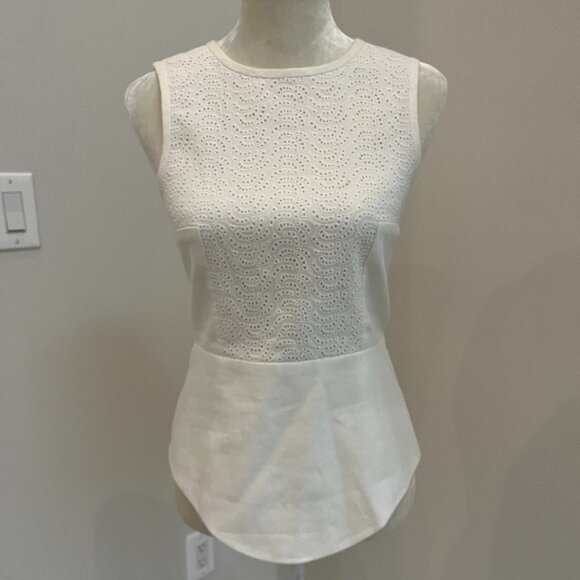 TIBI Women's Sleeveless White Eyelet Linen Peplum Top - Picture 1 of 7